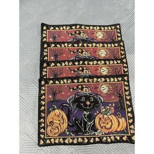 Vintage Eileen Toohey Halloween Tapestry Placemats Set of 4 - Cat Pumpkins